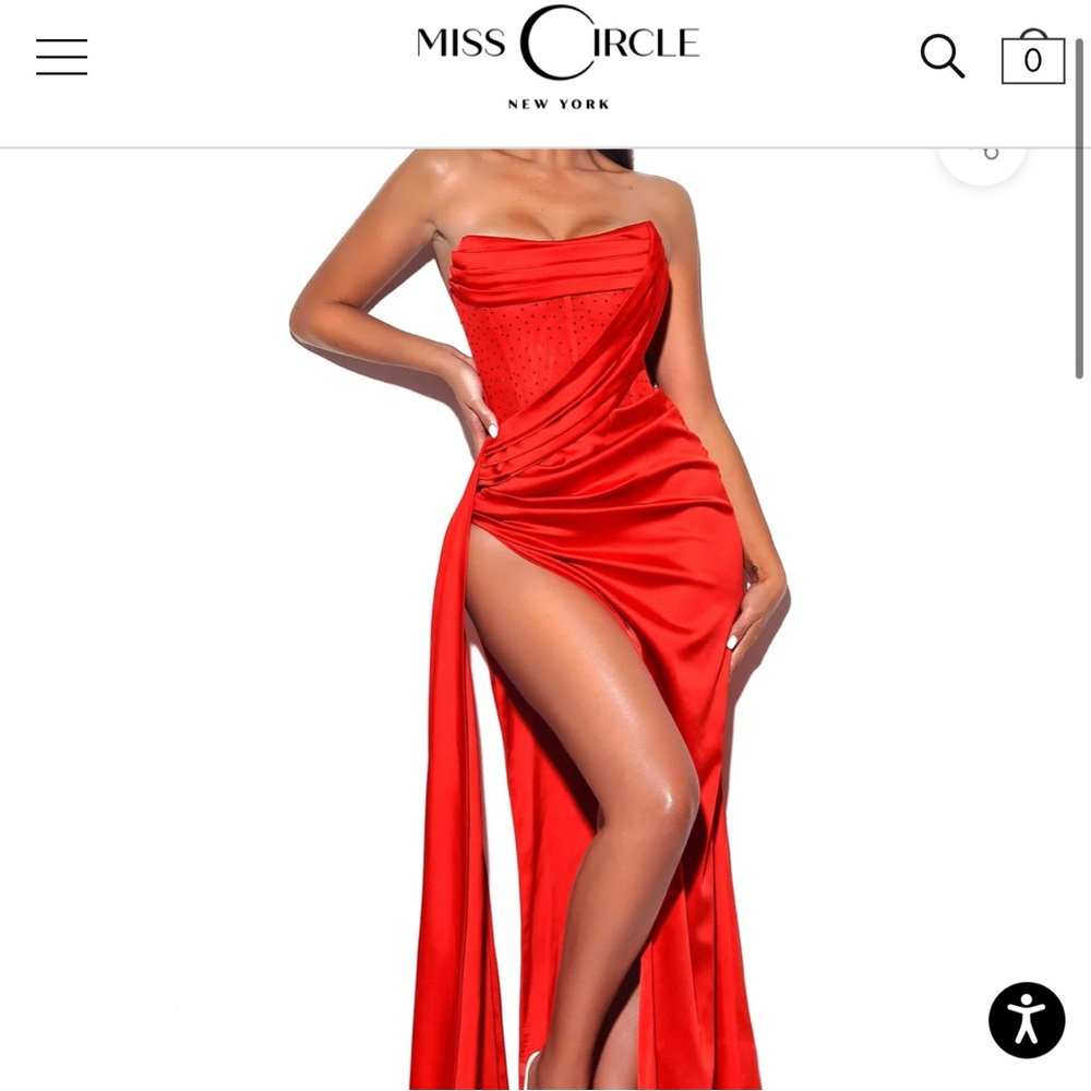 Miss Circle Holly Red Crystallized Corset High Slit Satin Gown